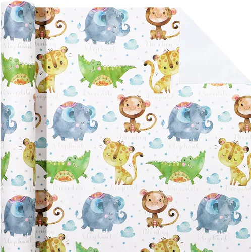 Vista 2 de WRAPAHOLIC Rollo de papel de regalo Kraft Animal - Mini Rollo - 17 pulgadas x 16.5 pies - Diseño de mono, elefante y dinosaurio lindos, perfecto