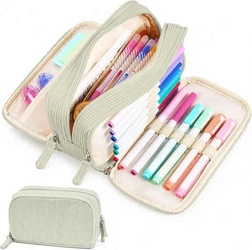 Vista 14 de Sooez Estuche de Lápices de Gran Capacidad con Funda para Bolígrafos, Bolsa de Lápiz de Corduroy Suave con 3 Compartimentos, Múltiples Bolsillos