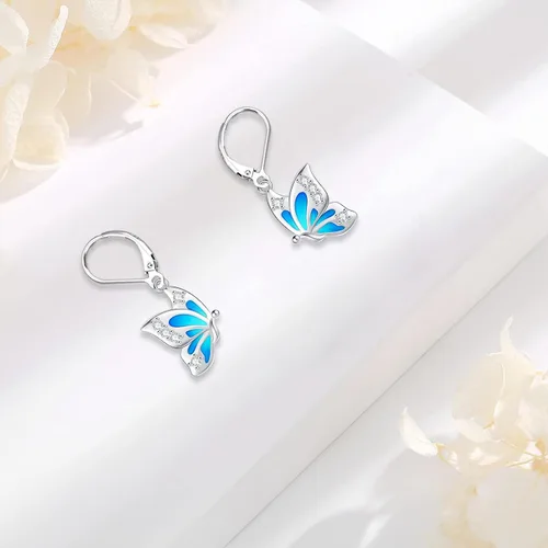 Vista 199 de Aretes colgantes de plata de ley con diseño de árbol de la vida, flor, abeja, animales, gato, colibrí, piedra lunar, turquesa, aretes con cierre