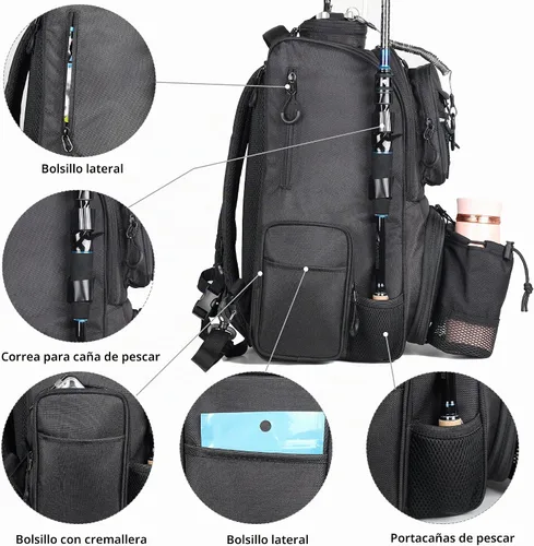 Vista 5 de Fishing Tackle Backpack With Rod Holders, Large 40L Fishing Backpack for Camping, Hiking