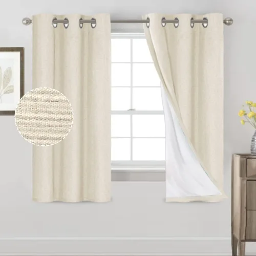 Vista 9 de PrinceDeco Cortinas con textura de lino 100% opacas de 64 pulgadas de largo, juego de 2 paneles de cortinas de lino opacas con forro aislante Arena