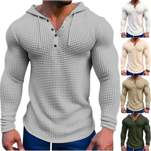 Vista 3 de Sudaderas con capucha para hombre, casuales, de manga larga, con cordón, de punto gofre, sudadera con capucha de ajuste muscular, camisetas