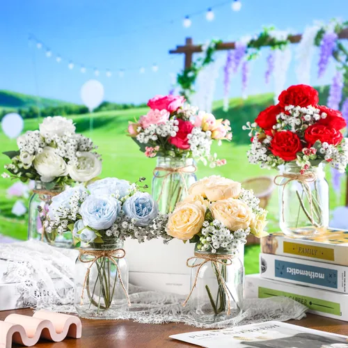 Vista 7 de Zeyune 6 juegos de tarros de albañil con flores, centro de mesa, decoración Azul