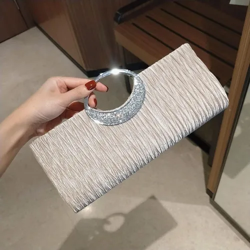 Vista 7 de Elegante bolso de mano para mujer, con diamantes de imitación, plisado, para boda, formal, para fiesta