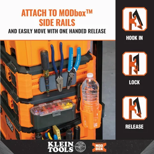 Vista 7 de Klein Tools MODbox - Bolsa de herramientas con 33 bolsillos y accesorio de riel para portavasos para estación de trabajo móvil personalizada