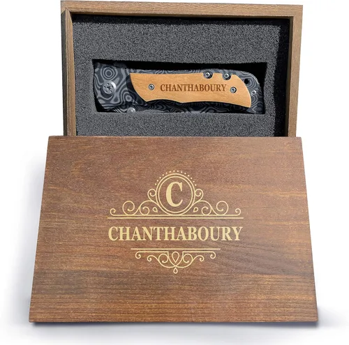 Vista 9 de Cuchillo de bolsillo grabado personalizado para hombres, cuchillo plegable personalizado con caja de madera para uso diario