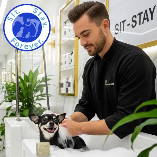 Vista 2 de Sit Stay Forever. Jabón orgánico vegano para mascotas/champú en barra grande de 7 onzas, hipoalergénico, avena orgánica, aceites de oliva y coco