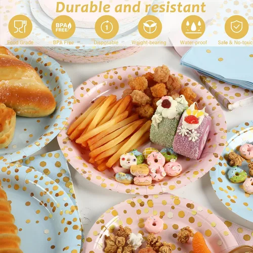 Vista 3 de Wiooffen 48 piezas de suministros para fiesta de revelación de género – Juego de vajilla para baby shower con platos de papel azul y rosa