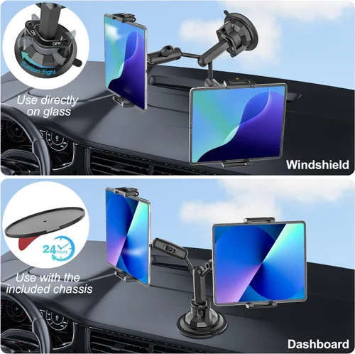 Vista 4 de Soporte para tableta de parabrisas de camión de doble cabezal, cabezal de bola de metal ajustable de rotación de 360°, funda de grosor de ajuste