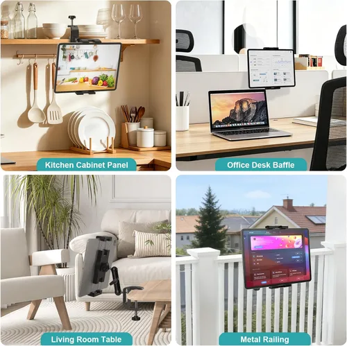Vista 6 de Soporte para tablet debajo del gabinete, soporte para tableta de cocina, soporte para iPad para escritorio/mesa/tabla/silla, compatible