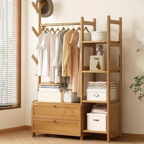 Vista 14 de Perchero de madera para colgar ropa con estantes de almacenamiento para entrada, pasillo, sala de estar