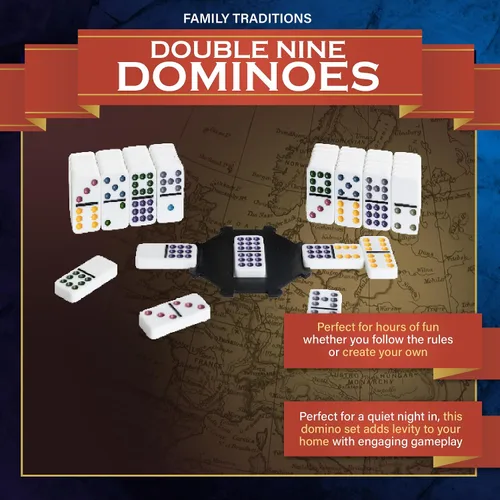 Vista 2 de Continuum Games Family Traditions - Juego de 9 dominó dobles – Juego de 55 piezas en lata de almacenamiento, dominó cristalino para niños y adultos