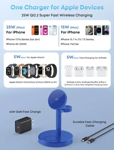 Vista 7 de Aeinidi Estación de carga rápida inalámbrica 3 en 1 de 25 W para cargador MagSafe de Apple Azul