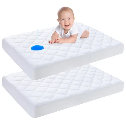 Vista 8 de Yoofoss Protector de colchón impermeable para cuna, paquete de 2, funda acolchada para colchón de cuna, ultra suave y transpirable, lavable a