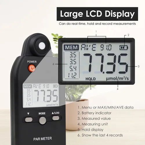 Vista 3 de Medidor PAR para luces LED de crecimiento de alta precisión Sensor Quantum Medidor de luz Par Tester PPFD para medir la actividad fotosintética