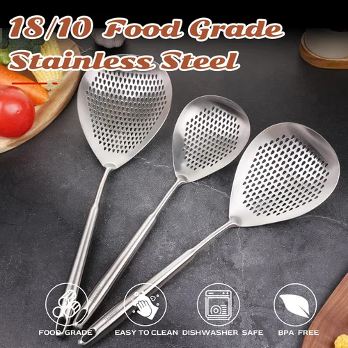 Vista 4 de Skimmer - Cuchara ranurada de acero inoxidable 304 de 16.5 pulgadas para pasta y araña, cuchara para cocinar y freír, cuchara coladora de metal