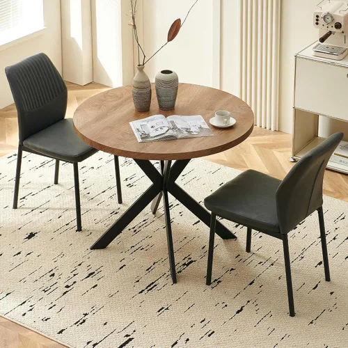 Vista 13 de Juego de mesa de comedor para 4, mesa de comedor rectangular irregular de madera moderna, sillas de comedor de cuero, 4 mesas y sillas, juego de 4