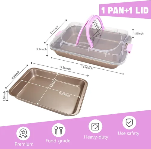 Vista 6 de Molde rectangular para pasteles con tapa, bandeja para hornear de 9 x 13 pulgadas con tapa y asa, antiadherente para hornear y asar y cocinar