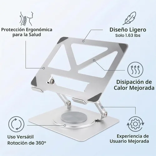 Vista 2 de Soporte giratorio de aluminio para portátil de 360°, soporte ergonómico ajustable y plegable, compatible con MacBook, iPad, Dell, HP de hasta 16