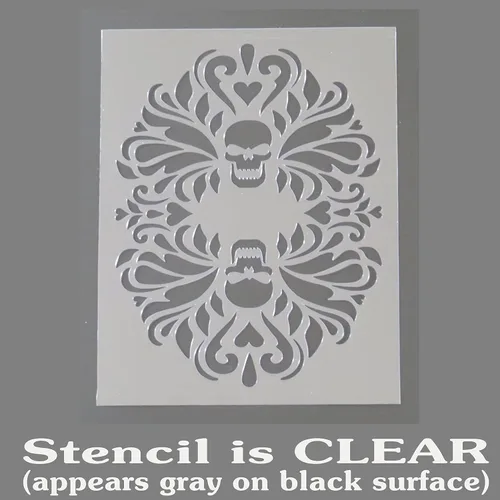 Vista 3 de Plantilla de damasco floral decorativa de doble calavera gótica de 9 1/2 x 12 pulgadas.