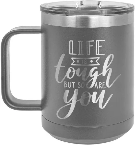 Vista 11 de LIFE IS TOUGH BUT SO ARE YOU Negro Taza de café de 15 oz con tapa deslizante Taza de café de viaje aislada Ideas de regalos de cumpleaños