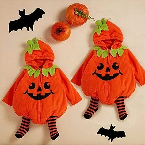 Vista 7 de Disfraz de calabaza de Halloween para bebé recién nacido lindo mameluco con capucha