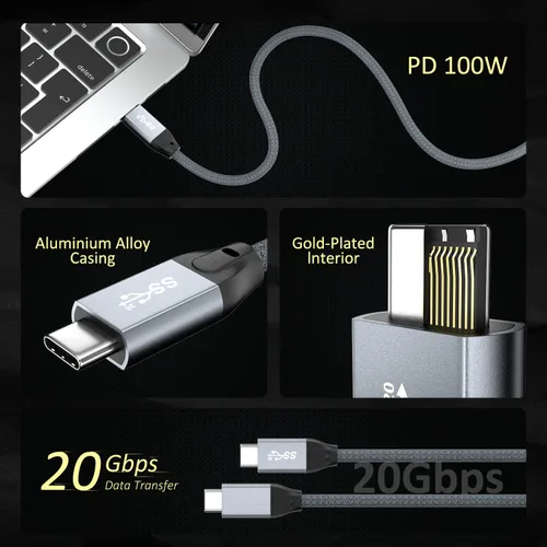 Vista 6 de QCEs Cable corto USB C a USB C 3.2 Gen 2 de 1.65 pies, transferencia de datos de alta velocidad de 20 Gbps, pantalla 4K, carga rápida de 100 W