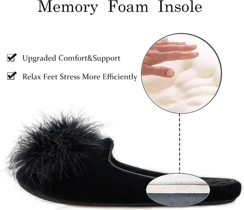 Vista 4 de GRITHEIM Pantuflas de terciopelo con pompones peludas para mujer, pantuflas de casa sexys y acogedoras para mujer, suela antideslizante