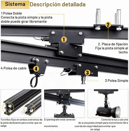 Vista 3 de Kit completo de sistema de riel de techo Pantograph Studio de 59 x 59 pulgadas con lámpara de techo para fotografía de 16.9-78.7 in, sistema de riel
