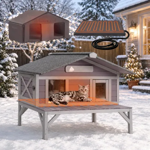 Vista 10 de GUTINNEEN Casa climatizada para gatos para exteriores, casa para gatos al aire libre aislada con manta de calefacción eléctrica, cables resistentes