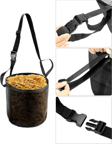 Vista 5 de QWORK Paquete de 2 bolsas de alimentación para caballos para grano, alimentador de grano de malla duradera con correa ajustable, cómoda almohadilla