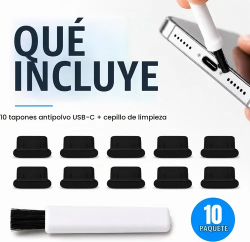 Vista 4 de Tapones antipolvo USB C, paquete de 10 con cepillo de limpieza, cubiertas Negro