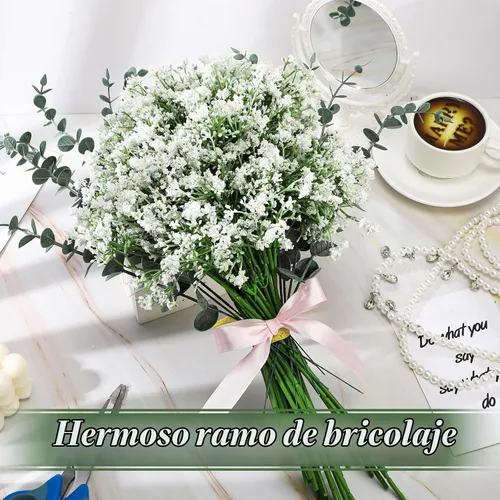 Vista 3 de Retrowavy 80 piezas de flores artificiales de aliento de bebé, flores de aliento de bebé, ramos de gypsophila con tallos de eucalipto sintético