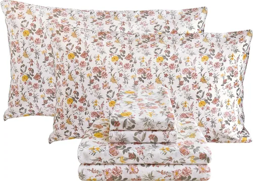 Vista 19 de Viviland Juego de sábanas tamaño matrimonial con estampado botánico de mariposas y flores rosadas y moradas, 4 piezas, sábanas de microfibra suave