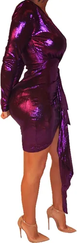 Vista 5 de BestGirl - vestido corto y sexy para mujer ajustado y brillante con cuello en V profundo manga larga para ir al club