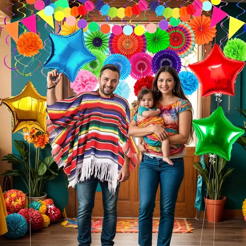 Vista 4 de KatchOn, Juego de decoraciones del Cinco de Mayo, paquete de 37, abanicos de papel para fiestas, decoraciones de fiesta Bandera mexicana, pompones