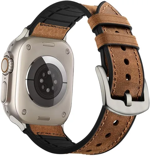 Vista 14 de OUHENG Correas de cuero compatibles con Apple Watch de 42mm 41mm 40mm 38mm, correa híbrida de cuero genuino y goma para iWatch Series 11 10 9 8 7 6