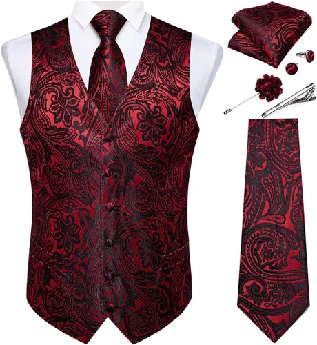 Vista 30 de DiBanGu Juego de chaleco y corbata para hombre, chaleco formal de cachemira y corbata con bolsillo cuadrado y gemelos, de seda, para traje o Verde