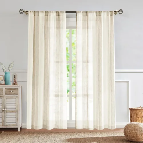 Vista 12 de Central Park Cortinas Transparentes de Rayas Beige y Blancas Estilo Granja de Lino Bouclé, Pares de Paneles de Cortina de Ventana Tejidos con Hilo