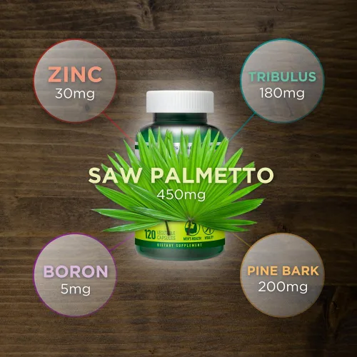 Vista 3 de Apoyo urinario y próstata para hombres – Complejo de palma enana americana 5 en 1 con zinc, tribulo, boro, corteza de pino – 120 cápsulas vegetales