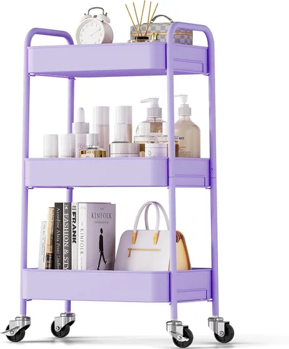 Vista 16 de TOOLF Carrito de metal de 3 niveles con ruedas, carrito organizador de almacenamiento para cocina, baño, oficina, artículos esenciales para bebés