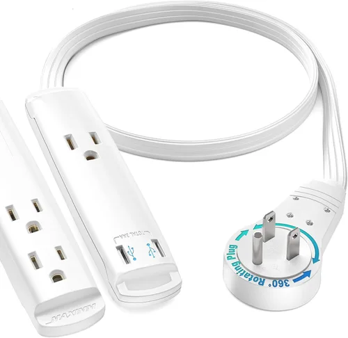 Vista 22 de Maximm Cable de extensión de 1 pie con puertos USB, enchufe plano giratorio 360, 3 salidas (2 puertos USB), conectado a tierra (negro)