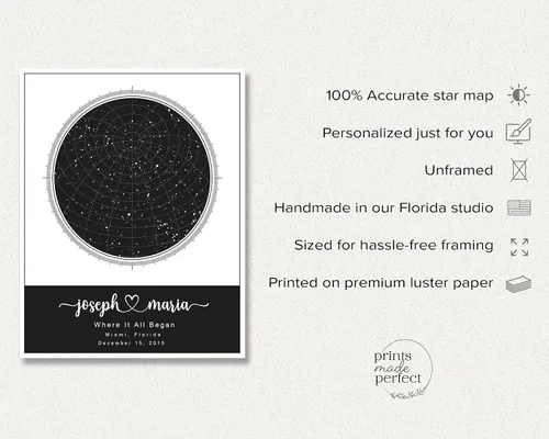Vista 2 de Mapa de estrellas personalizado con fechas y lugar específicos, impresión de mapa de constelación personalizado, sin marco, arte de pared