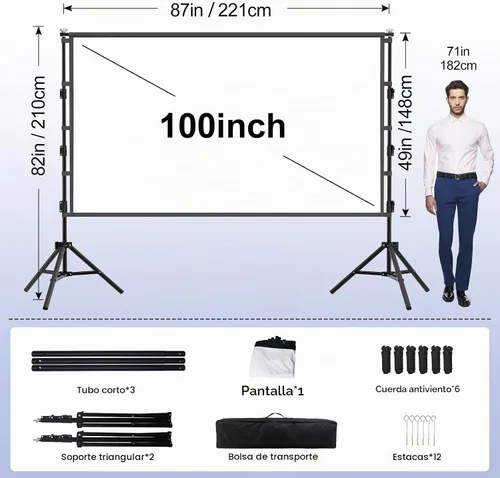 Vista 4 de Pantalla de proyector de 100 pulgadas con soporte, pantalla de proyección para interiores, pantalla de cine frontal trasera portátil 16:9 4K HD