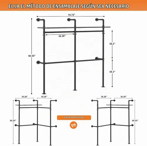 Vista 7 de Aheaplus Perchero Industrial de Tubería, Perchero Reversible de 79.7'' para Colgar Ropa, Percheros Resistentes para Prendas de Vestir Closet Armario