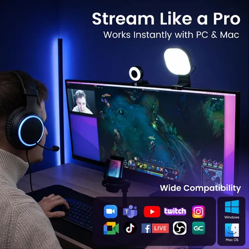 Vista 3 de Kit de transmisión de cámara web con micrófono USB RGB y luz LED, paquete de cámara de transmisión de 1080P 30FPS para Twitch, YouTube, podcasting