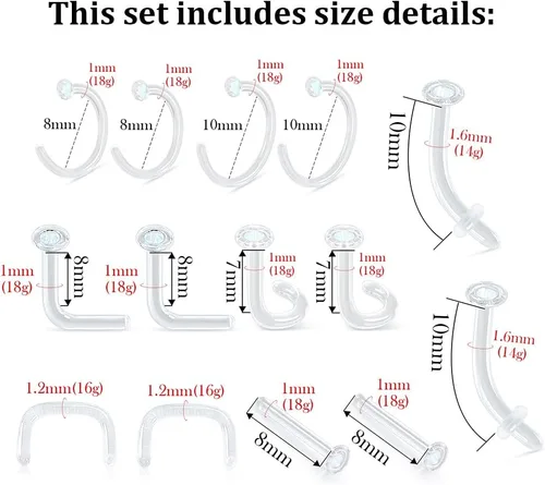 Vista 2 de Juego de 14 retenedores de cristal para el trabajo, deportes, cirugía, hipoalergénico, estilo mixto, anillos transparentes para labios, nariz