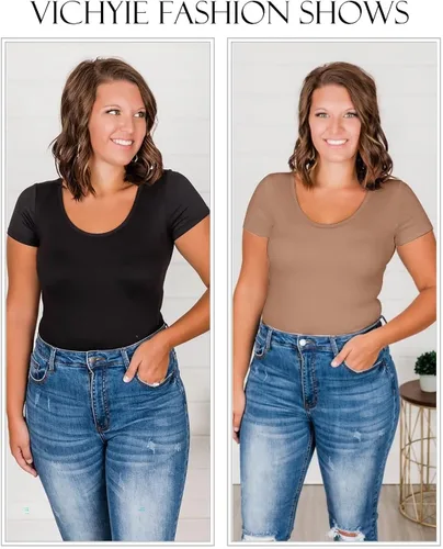 Vista 6 de VICHYIE Camisas de verano para mujer, cuello redondo, manga corta, acanaladas, ajustadas, casuales, básicas