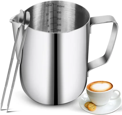 Vista 10 de Jarra de leche espumosa, jarra de leche espumosa de acero inoxidable de 12 onzas / 11.8 fl oz con bolígrafo Latte Art, con medidas internas