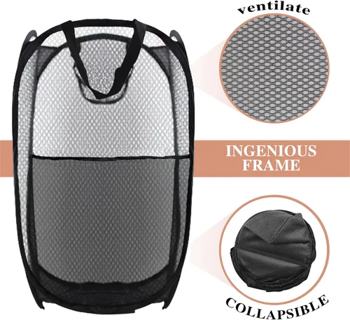 Vista 4 de Cesto de Ropa Plegable Pop Up, Cesta de Ropa de Malla Plegable Extra Grande, 28" x 16" x 16" (Negro)